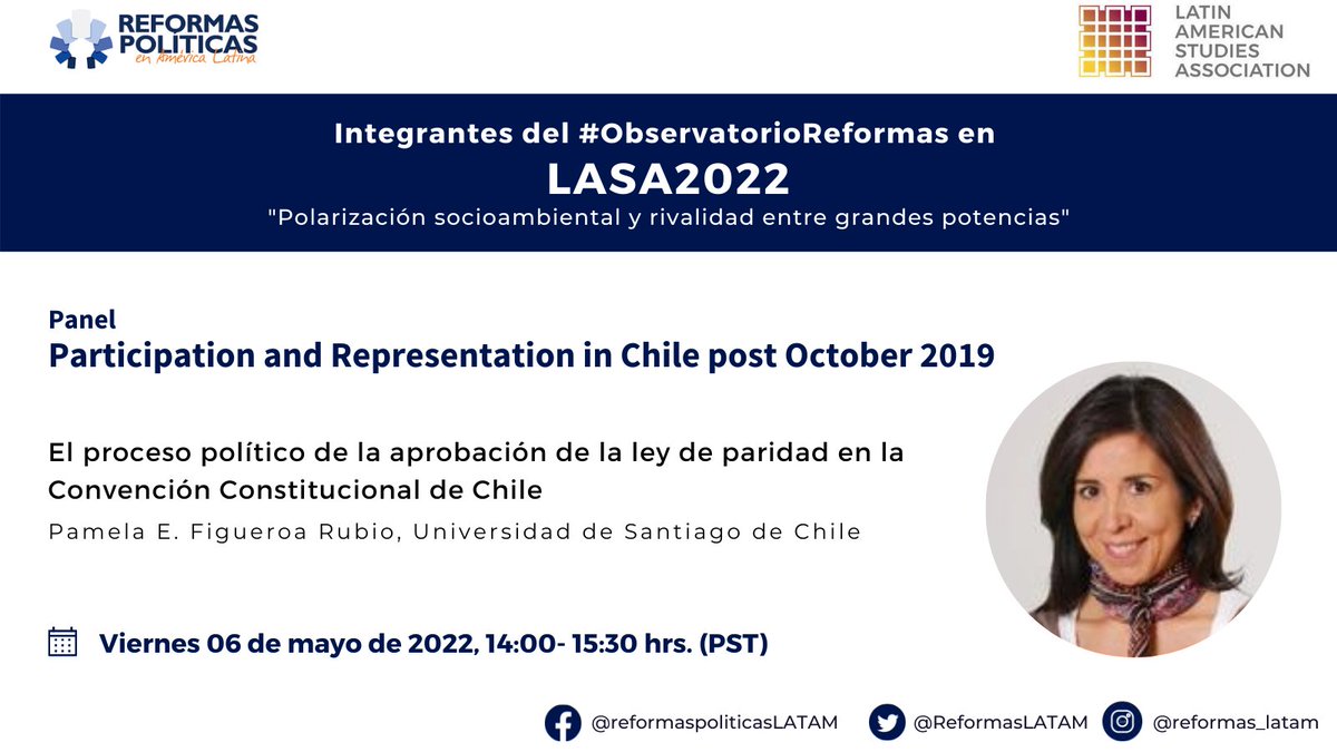 Observatorio de Reformas Políticas América Latina (@reformaslatam) on Twitter photo 🗣️📣| #LASA2022 #Hoy
Ponencia “El proceso político de la aprobación de la ley de paridad en la Convención Constitucional de Chile 🇨🇱” por <a href="/pfigueroarubio/">Pamela Figueroa 🌱</a>, integrante del #ObservatorioReformas.
@LASACONGRESS
🔗lasaweb.org/es/ 🗣️📣| #LASA2022 #Hoy
Ponencia “El proceso político de la aprobación de la ley de paridad en la Convención Constitucional de Chile 🇨🇱” por <a href="/pfigueroarubio/">Pamela Figueroa 🌱</a>, integrante del #ObservatorioReformas.
@LASACONGRESS
🔗lasaweb.org/es/