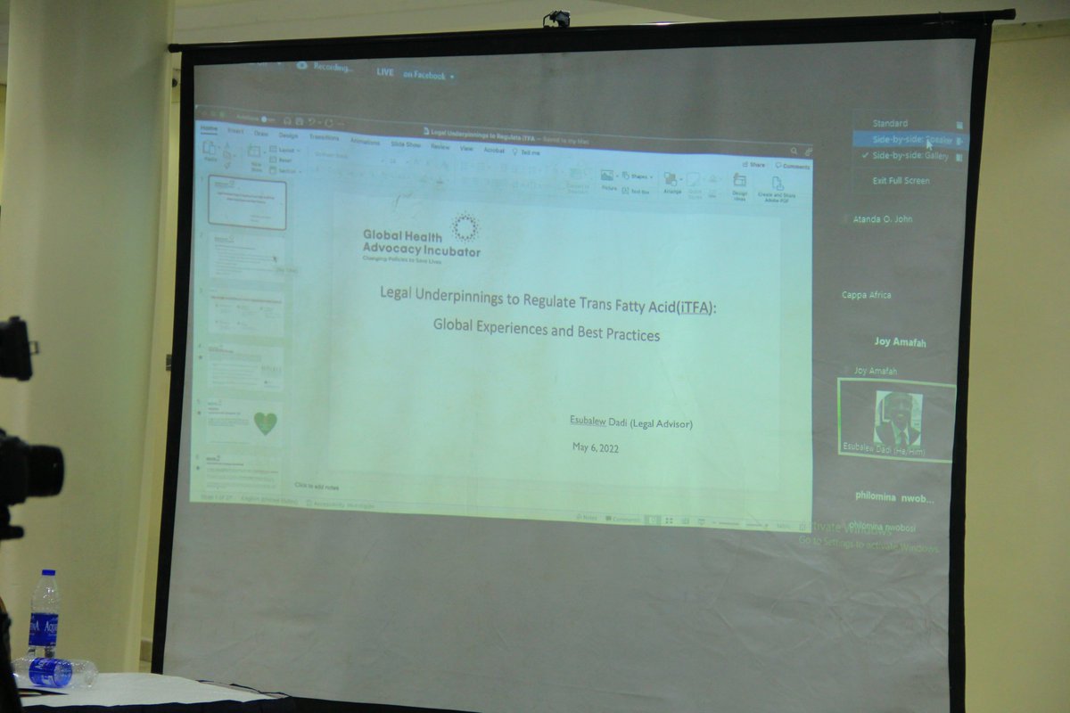 Two virtual presentations by the representatives of <a href="/Fmohnigeria/">Federal Ministry of Health, NIGERIA</a> and <a href="/IncubatorGHAI/">Global Health Advocacy Incubator</a> on efforts on #TransfatFreeNigeria and legal implications of the regulations respectively.