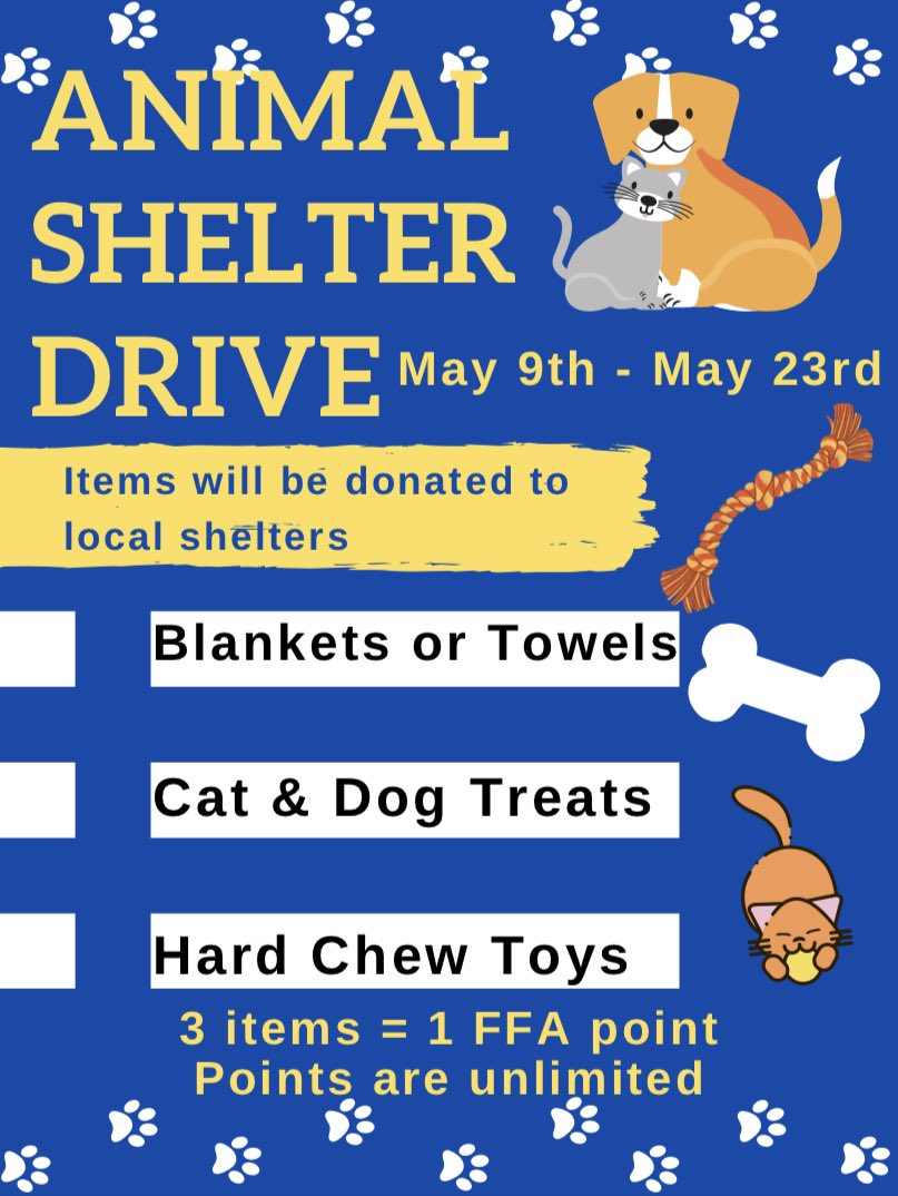 Our Animal Shelter Drive begins on Monday! 3 items will get you one point.  There is no limit on how many point you can get! Make sure to donate by May 23rd!