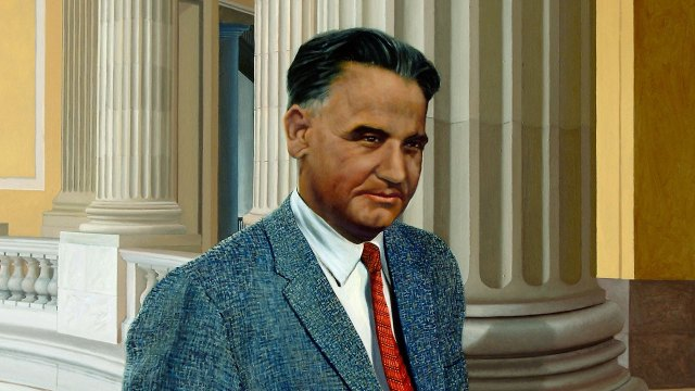 A photorealistic painting of Dalip Singh Saund standing in the halls of the US Congress.
