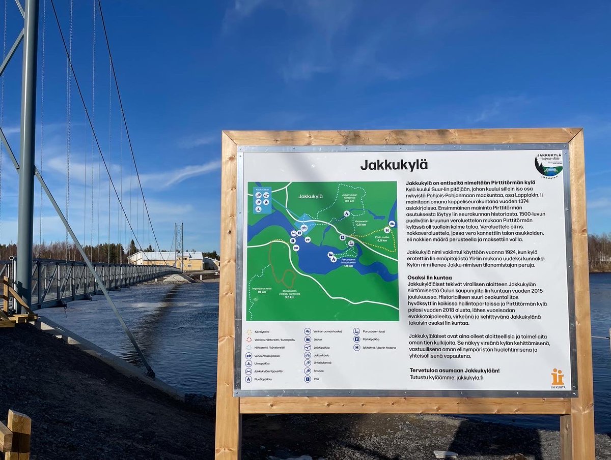 HannuKaisto's tweet image. Talkoiltiin Jakkukylästä ja kylän palveluista kertovat infotaulut riippusillan molempiin päihin paikalleen, että ovat 14.5 avajaisvieraiden luettavissa. Käykääpä lukaisemassa avajaisissa tai muuna aikana.😊

jakkukyla.fi

#riippusilta 
#talkoot
#jakkukylä 
#iinkunta