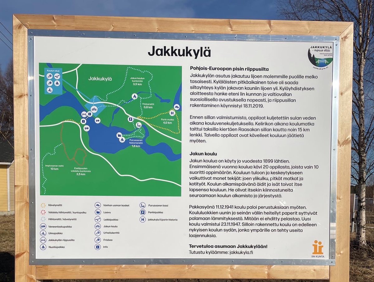 HannuKaisto's tweet image. Talkoiltiin Jakkukylästä ja kylän palveluista kertovat infotaulut riippusillan molempiin päihin paikalleen, että ovat 14.5 avajaisvieraiden luettavissa. Käykääpä lukaisemassa avajaisissa tai muuna aikana.😊

jakkukyla.fi

#riippusilta 
#talkoot
#jakkukylä 
#iinkunta