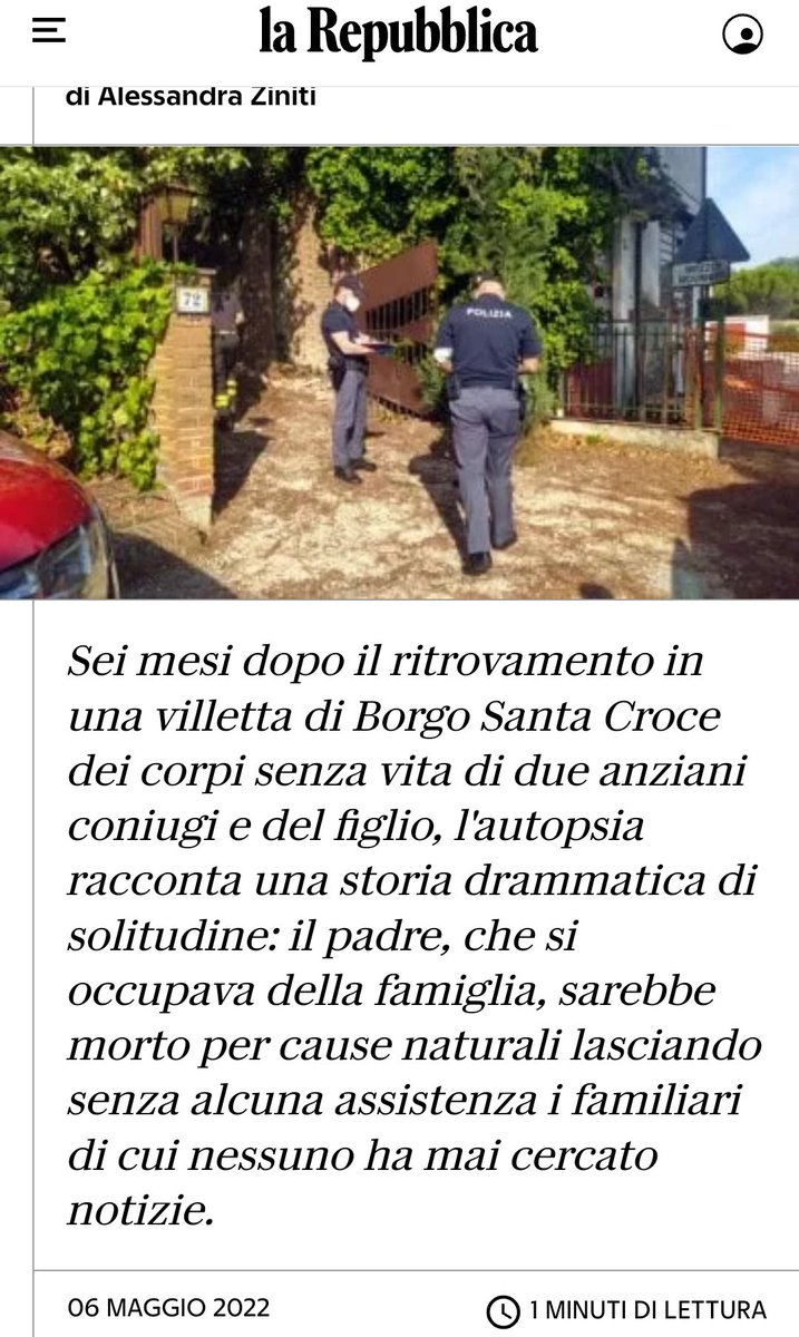 Stroncato da un malore in casa, la moglie e il figlio disabili muoiono di fame e sete

Una società malata basata sull'egoismo

Gli angeli dei nostri tempi sono tutti coloro che si interessano agli altri prima di interessarsi a se stessi
(Wim Wenders)

La solitudine uccide...