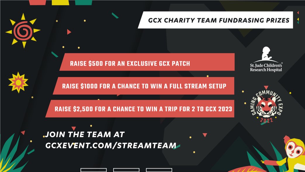 GCXEvent's tweet photo. As a special thank you to all our #GCXStreamteam members we've added special bonus prizes for you!
That bonus includes prizes from @StJudePLAYLIVE and these special items as well!
Make sure to sign up to fundraise at https://t.co/WsR3rgGmyv https://t.co/BcBRg07Y56