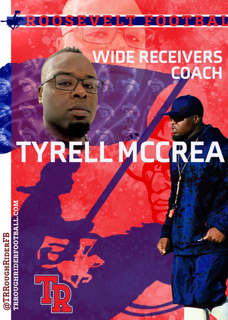 Huge TR welcome to our new Wide Receivers Coach <a href="/coachmac505/">Tyrell Mccrea</a> ! He has hit the ground running
and has already made a huge impact on our program! Great day to be young and a Rough Rider!!
#VeltNation <a href="/WeAreTRHS/">Theodore Roosevelt High School - NEISD</a> <a href="/EWMS_athletics/">Ed White Athletics</a> <a href="/BoysKrueger/">Krueger Boys Athletics</a> @WranglersWood