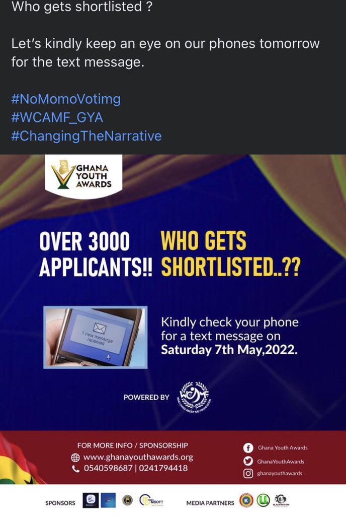 NICENEWS131's tweet photo. #Wcamf -GYA’22.
Tomorrow happens to be the deadline that,the non-momo voting award scheme.The Ghana youth awards will be releasing it final contestants for the second edition of the award scheme.They are there telling all applicants to keep in touch. https://t.co/KCdldeJ1hX