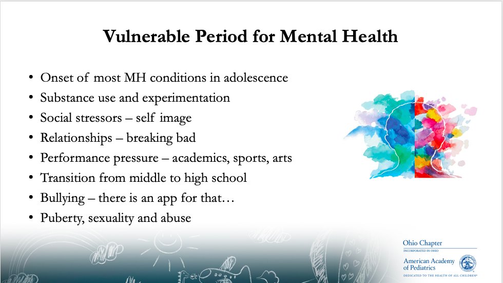 OHPediatricians's tweet photo. Adolescence is a vulnerable period for adolescents with school, relationships, social stressors, and more all impacting the mental health of teens. Do you know what signs and features to look out for in adolescent depression? #OhioAAPSpringMeeting #SafePedsHealthyKids https://t.co/HqjFIqFswp