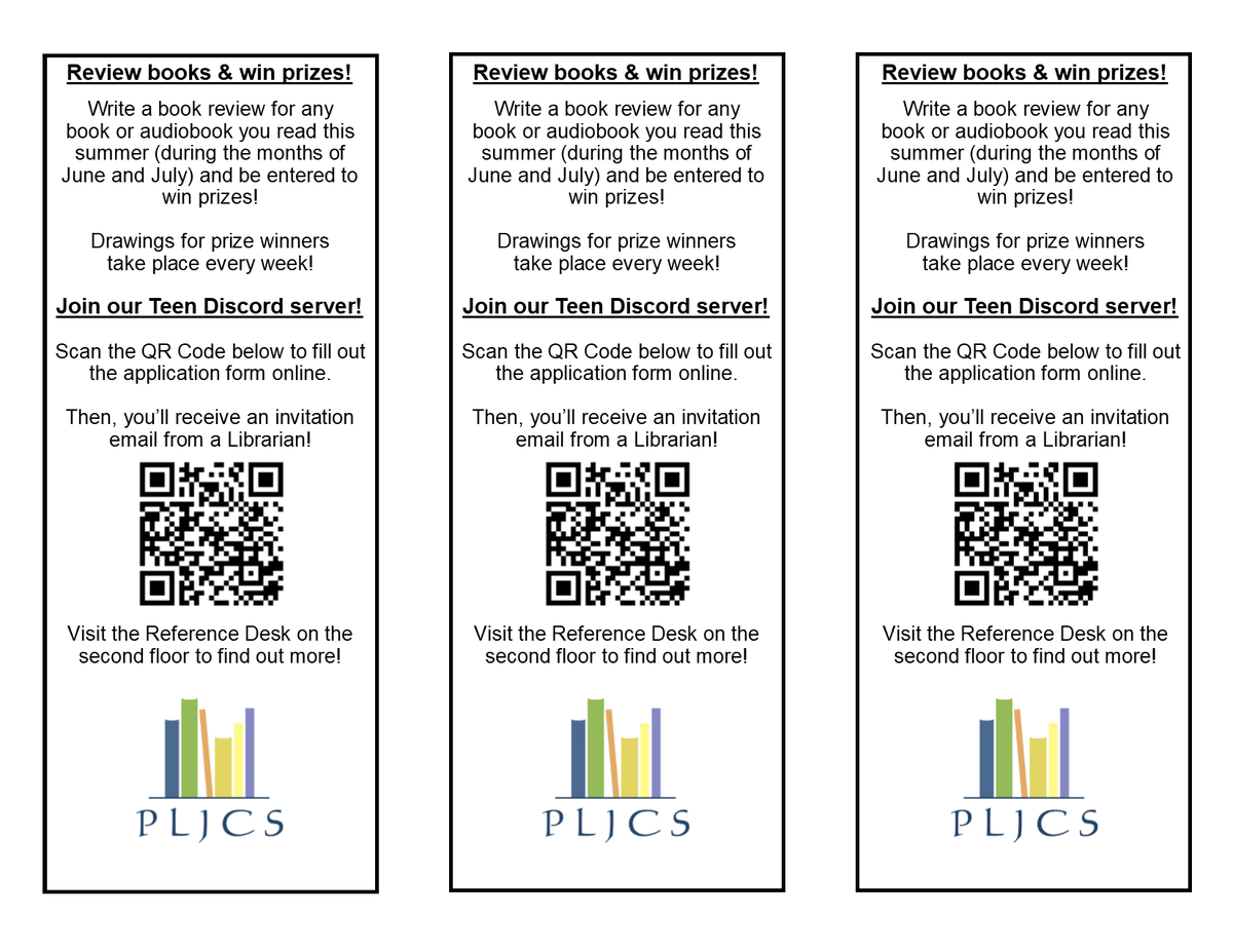 PLJCS1's tweet photo. Join us for our Teen Summer Program!  For each book/audiobook/movie review a teen submits, they will be entered to win prizes from weekly drawings!  Download or print the handout here: https://t.co/TtJKNrEO7M https://t.co/O9KntnpG99