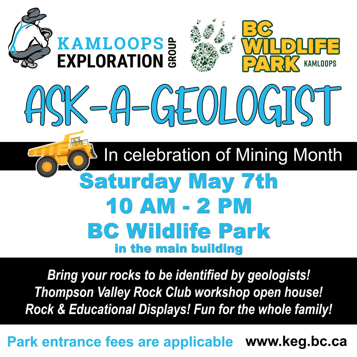 MA_BC's tweet photo. In celebration of #MiningMonth, bring your rocks and join @KamloopsExplora at the BC Wildlife Park for Ask A Geologist! The event will be happening indoors from 10am-2pm tomorrow, May 7th. #changingmines https://t.co/FtF8uKe1yT