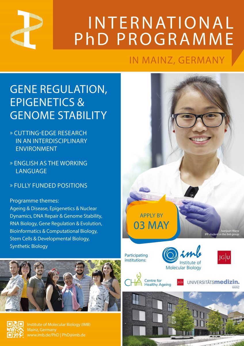 IMB Mainz (@imbmainz) on Twitter photo The extended application deadline ends tomorrow, 10 May❗️
If you are looking for a #PhDposition in an international environment, apply to the <a href="/IPPMainz/">IPP Mainz - PhD Network</a>!
➡️ imb.de/phd The extended application deadline ends tomorrow, 10 May❗️
If you are looking for a #PhDposition in an international environment, apply to the <a href="/IPPMainz/">IPP Mainz - PhD Network</a>!
➡️ imb.de/phd