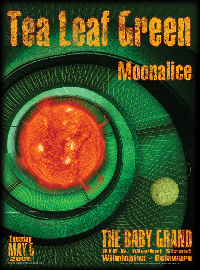 MoonalicePoster's tweet photo. On this day... @tealeafgreen &amp; @Moonalice at @thegrandwilm The Baby Grand, Wilmington, Delaware poster by @SHAWPOSTER Chris Shaw! https://t.co/N3BtUdlBJr #timaph 5/6/08 M63 ☀️🌕 100% of sales go to the artist! #ChrisShaw #gigposter #rockposter #posterdesign #posterart https://t.co/uxjI3OR3pm