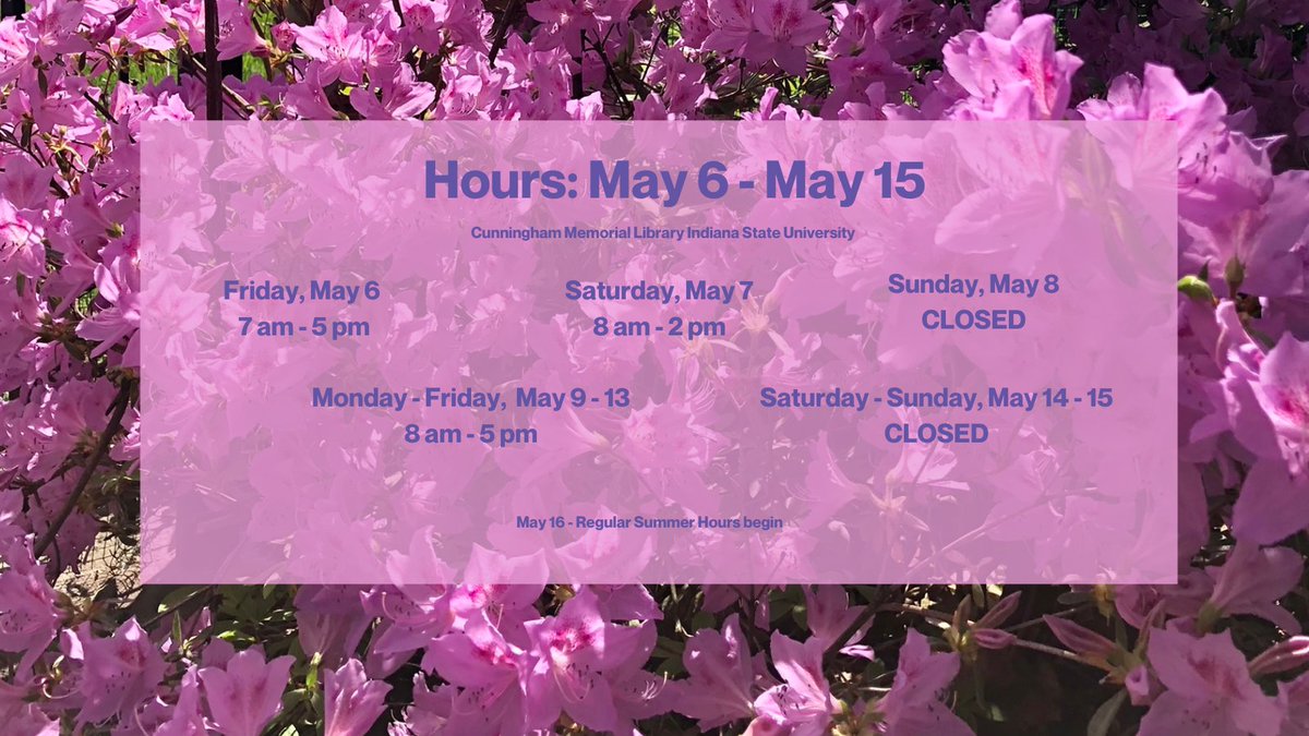 It's the end of the Spring semester. That means that Library hours will be changing, beginning today! Stay tuned for more Spring and Summer hours changes. #ISUlib #Indstate #ISULibrary #indstate_special_collections #Sycamores
#SycamoreForLife #ILoveBooks
