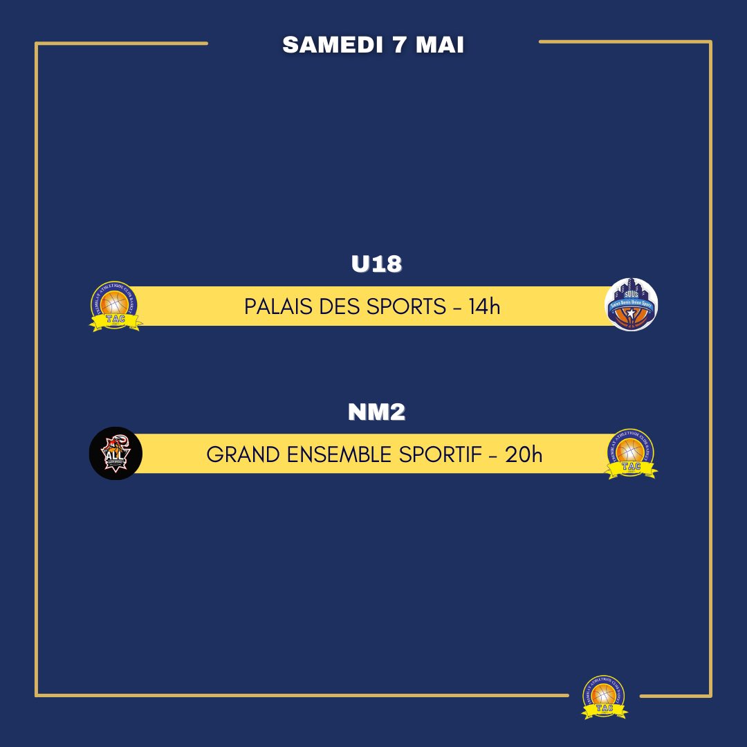 BasketTac's tweet photo. Voici le calendrier des matchs du samedi 7 et dimanche 8 mai 🔥
.
.
.
Ce week-end, notre équipe NM2 se déplacent à Lons le Saunier 💪🏽 https://t.co/gD4w2fJ6a1