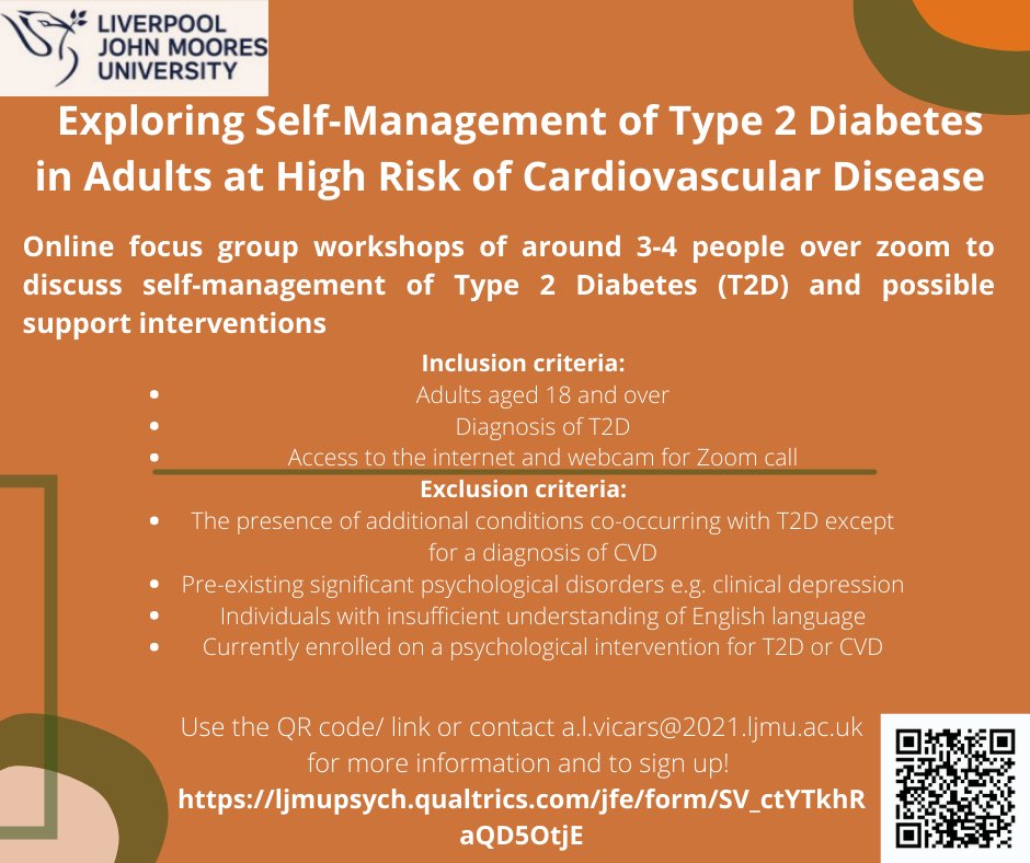AmyVicars's tweet photo. !! LOOKING FOR PEOPLE WITH TYPE 2 DIABETES !!
I am looking to hold a series of 1 hour online workshops with 3-4 people to gain insight into experiences and opinions of self-management and of a possible support intervention @DrLisaNewson Link to sign up 👇
https://t.co/XiY053w5bv https://t.co/DtAHo1Oau5