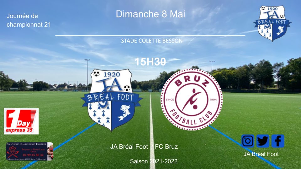 FootJa's tweet image. ⚽️Programme séniors 
Dimanche 8 mai 

- Sénior A 15h30 à Bréal : JA Bréal 🆚 FC Bruz 
- Sénior B 13h30 à Bréal : JA Bréal 🆚 Vezin AS