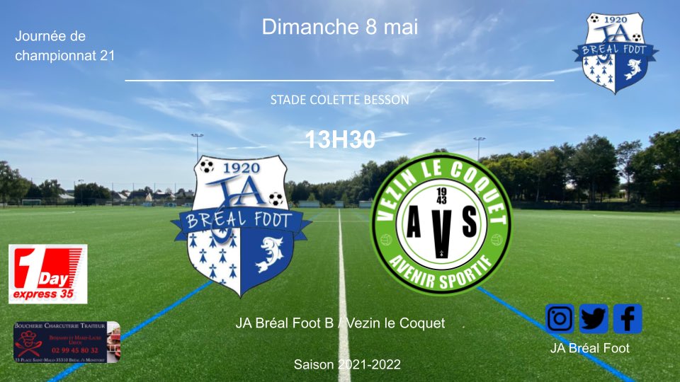 FootJa's tweet image. ⚽️Programme séniors 
Dimanche 8 mai 

- Sénior A 15h30 à Bréal : JA Bréal 🆚 FC Bruz 
- Sénior B 13h30 à Bréal : JA Bréal 🆚 Vezin AS