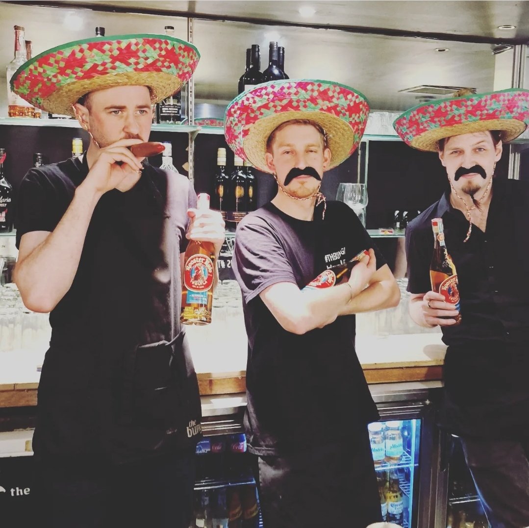 the tree amigos behind the bar tonight 🇲🇽🇲🇽🇲🇽

we are almost ready to go folks 
see you at 8pm it's going to be fun!
🪅🪅🪅🌵🌵🌵

you can dress up if you wish 😇

#cincodemayoparty 
#cincodemayoglasgow 
#party
#tequila 
#pinata 
#sombrero
