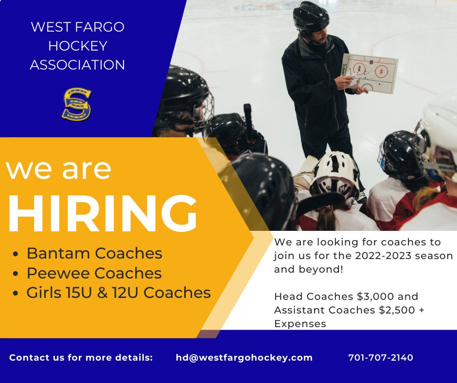 WfStampede's tweet photo. Hockey Coaches Wanted! Earn $3,000 as a Head Coach and $2,500 as an Assistant Coach plus bonuses in the 2022-2023 Season!  Contact Jason Gregoire, Hockey Director, to find out more and apply!  https://t.co/xKn5FNOvan  Email: hd@westfargohockey.com https://t.co/yDHLJjMdRC