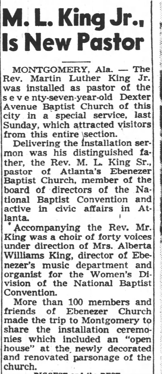 1stTimeinPrint's tweet photo. MLK, Jr's FIRST TIME IN PRINT! Here, he's described as a "new pastor" at a church in Montgomery. The installation service included an "open house" at a newly decorated parsonage. Pittsburgh Courier 11/13/54 #MLKJr #History #HistoryBuff #FirstTimeinPrint Can u find earlier? https://t.co/Ow8nZjck8d