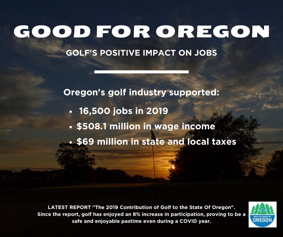OregonGCSA's tweet photo. Golf is good for jobs in Oregon. The latest
report, The 2019 Contribution of Golf to the
State of Oregon, shows that Oregon's golf
industry supported 16,500! $508.1 million in wage income. $69 million in state and local taxes.
#GolfGoodForOregon https://t.co/RSQl2rQDfk
