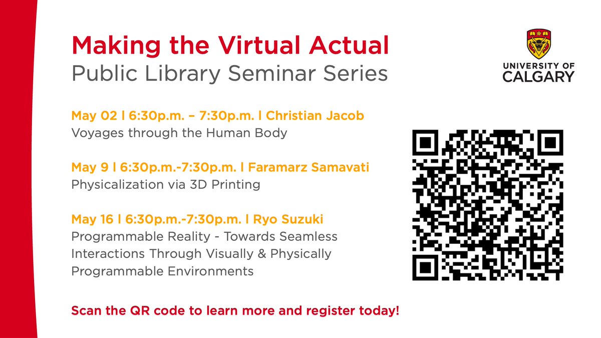 Catch the next "Making the Virtual Actual" talk at the <a href="/calgarylibrary/">Calgary Public Library</a> this Monday! Dr. Faramarz Samavati will talk about the cool things that can be done with 3D printing. See all the upcoming events for <a href="/UofC_CPSC/">UofC_CPSC</a> and get the details here: science.ucalgary.ca/computer-scien…