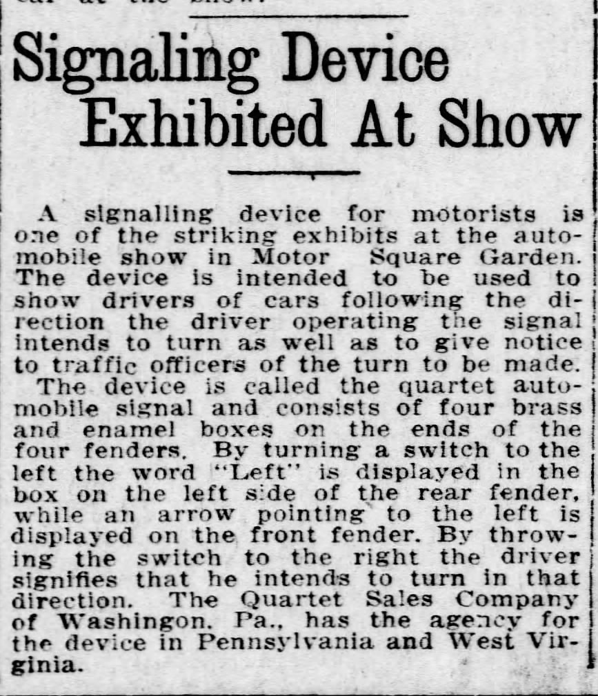 1stTimeinPrint's tweet photo. You can now stop wondering when the turn signal was first mentioned in print. Answer: 1/21/14 in the Pittsburgh Daily Post. "By throwing the switch to the right, the driver signifies that he intends to turn in that direction." #AutomotiveHistory #FirstTimeinPrint https://t.co/zgI4STiQJS