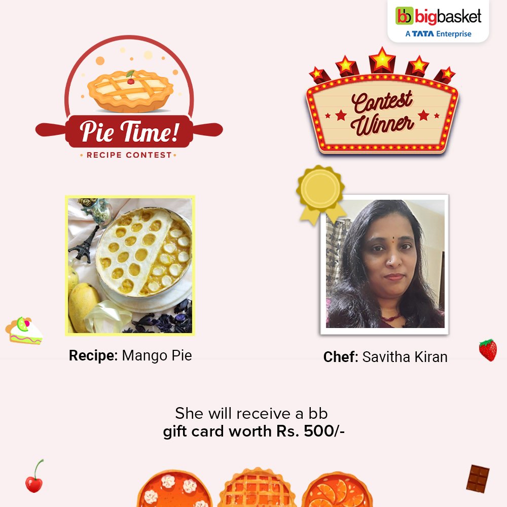 bigbasket_com's tweet photo. Our heartiest congratulations to Savitha Kiran for winning the Pie Time Recipe Contest!
Your Mango Pie recipe was loved by everyone at bigbasket!
Check out the recipe here: https://t.co/PWhfinOiCV
#bigbasket #Contest #ContestWinner #RecipeContest #Recipes #bbCookBook https://t.co/bzDQ16CTnn