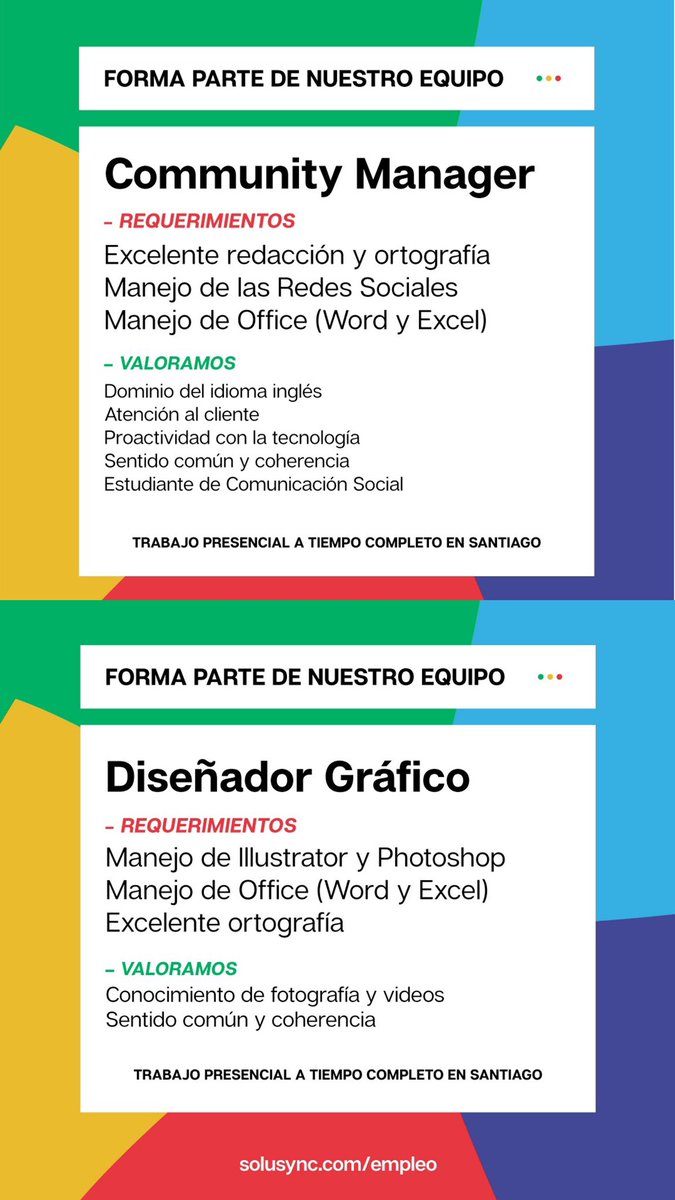 Solusync's tweet photo. Forma parte de nuestro equipo 🚀 Solusync
https://t.co/BYiY1adRq9

Buscamos 
DISEÑADOR GRÁFICO 
COMMUNITY MANAGER

Trabajo presencial a tiempo completo en Santiago. https://t.co/GQJHnywzJj