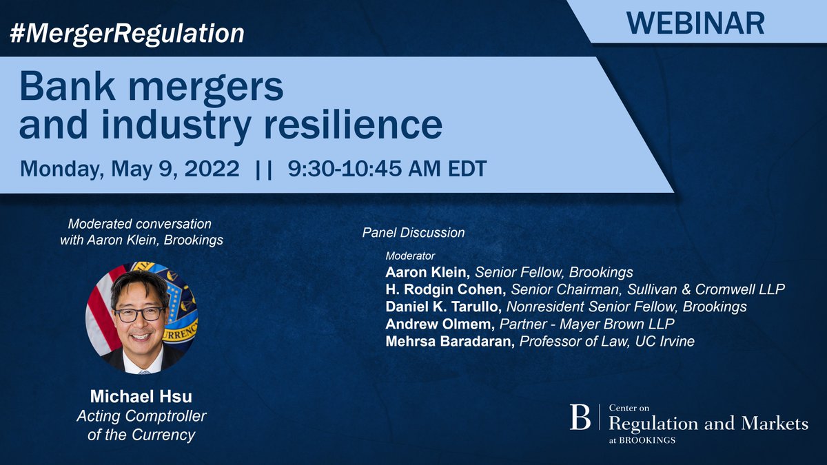 USOCC's tweet photo. Don’t miss Acting Comptroller Hsu discussing the need to rethink large bank resolvability and industry resilience with @BrookingsEcon’s @Aarondklein on Monday, May 9, at 9:30 a.m. (Eastern). Register now: https://t.co/5C6zPK74JH & share your Qs: #MergerRegulation https://t.co/RIQNAiFCEJ