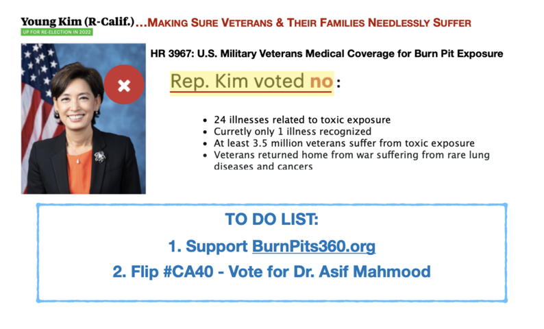 greeninoc's tweet photo. @RepYoungKim On #MilitarySpouseAppreciationDay, we are reminded of #RepYoungKim's continued disservice to #veterans and their spouses.

@YoungKimCA voted AGAINST funding #burnpit medical care for veterans.

#CA40: 
☑️#Vote @DrMahmood40 
☑️Support @Burnpit360

#gophatesyou 
#GOPTraitors https://t.co/VKuwcUPOeX