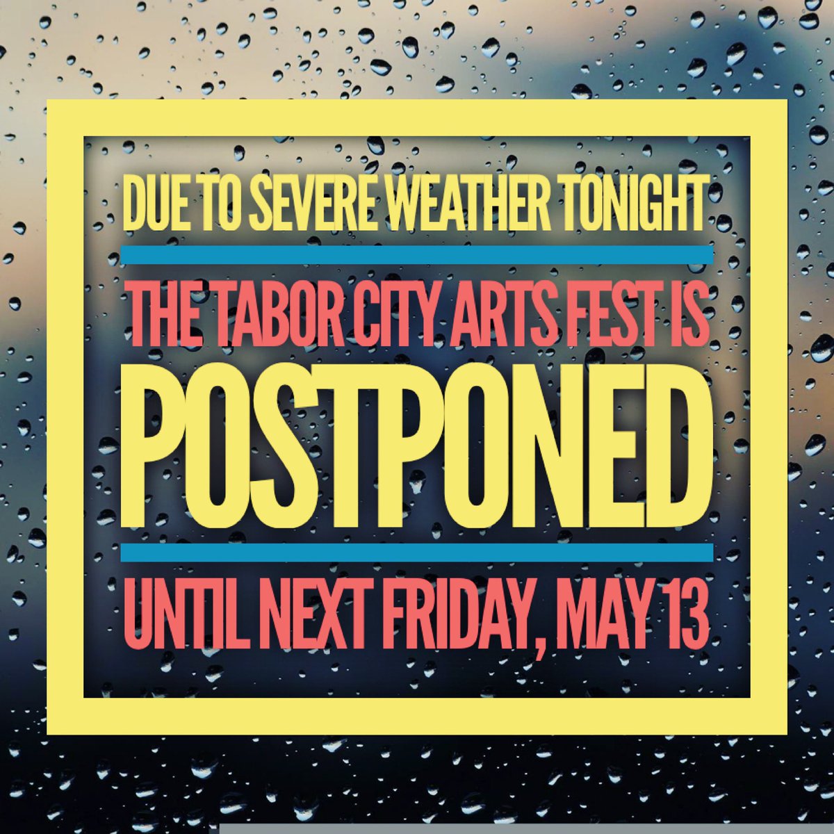 TaborFineArts (@taborfinearts) on Twitter photo Due to the forecast of severe storms this evening, the <a href="/Tabor_City/">Mount Tabor High</a> Arts Fest is postponed until our rain date of next Friday, May 13.
We’re disappointed but want to keep everyone safe!!! See you next Friday - it’s going to be awesome!!!
<a href="/TaborPTSA/">Mt. Tabor PTSA</a> @WSFCSArts Due to the forecast of severe storms this evening, the <a href="/Tabor_City/">Mount Tabor High</a> Arts Fest is postponed until our rain date of next Friday, May 13.
We’re disappointed but want to keep everyone safe!!! See you next Friday - it’s going to be awesome!!!
<a href="/TaborPTSA/">Mt. Tabor PTSA</a> @WSFCSArts