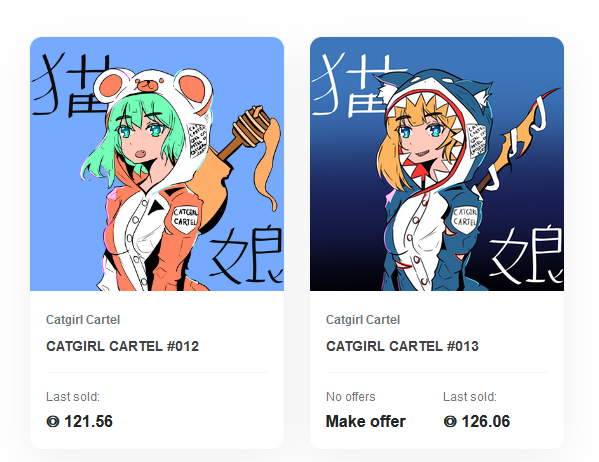 Congrats to the winners of this week's Catgirl Cartel Auctions for #012 and #013!

#012 has gone to @123elves for 121.56 sol!

#013 has gone to an unknown winner for 126.06 sol!
 
Congrats to you both, and thank you for the support! 
Welcome to the family! 😼🥰