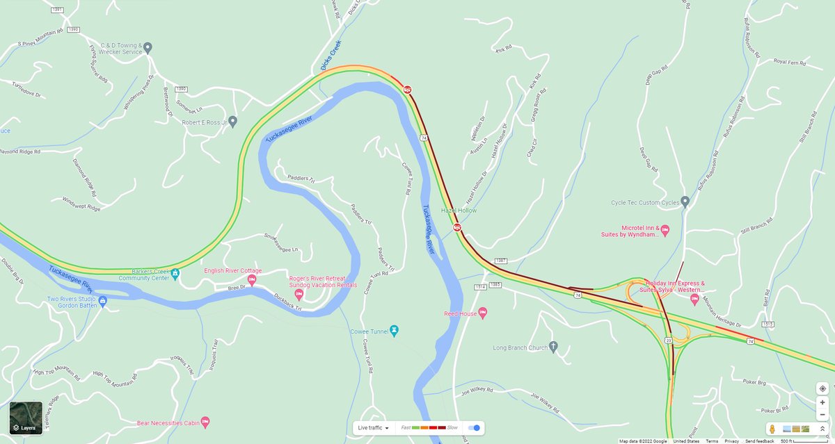 WNCSCAN's tweet photo. There has been an accident on US-74 in the curve near Dicks Creek Road. EMS, Fire, and Rescue are on the scene and traffic will be impacted at this location for the next hour or so.
#WNCscan #JacksonTraffic https://t.co/OO6ICrsiyT