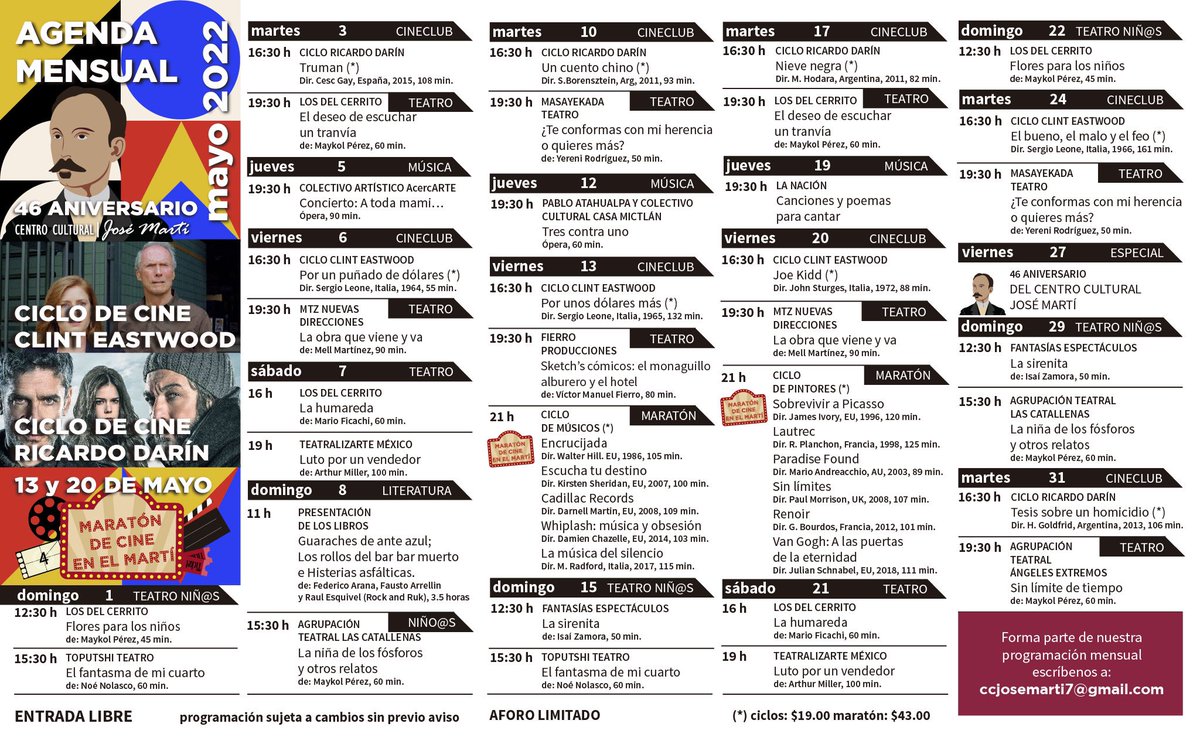 CulturalMarti's tweet photo. 🎞CARTELERA DE MAYO 

Este mes es de fiesta en el CCJM pues no sólo festejaremos nuestro aniversario 46, sino que también después de años de ausencia, regresa el Maratón de Cine Nocturno.
Checa toda la programación 👇

Recuerda contarnos a qué evento nos vas a acompañar 💕
#CDMX https://t.co/9MyMHaROB3