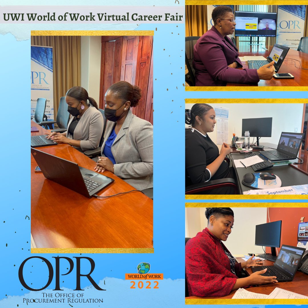 TheOPRTT's tweet photo. The Office of Procurement Regulation had the pleasure of attending the UWI World of Work Virtual Career Fair on April 7th 2022.
We would like to wish all the UWI final year students best of luck in their life’s journey and would like to thank UWI for having us!
#OPRTT #UWI https://t.co/OJY1f2NgxS
