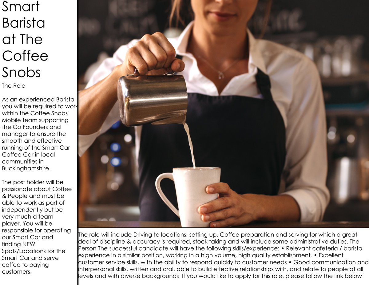 CoffeeSnob_'s tweet photo. The Coffee, Snobs smart barista role has just opened up if interested follow the link below. #Barista #barista #coffee #coffeetime #coffeelover #cafe #coffeeshop #espresso #latteart #baristalife #latte #coffeeaddict #specialtycoffee #coffeelovers https://t.co/YiTk00NUy1