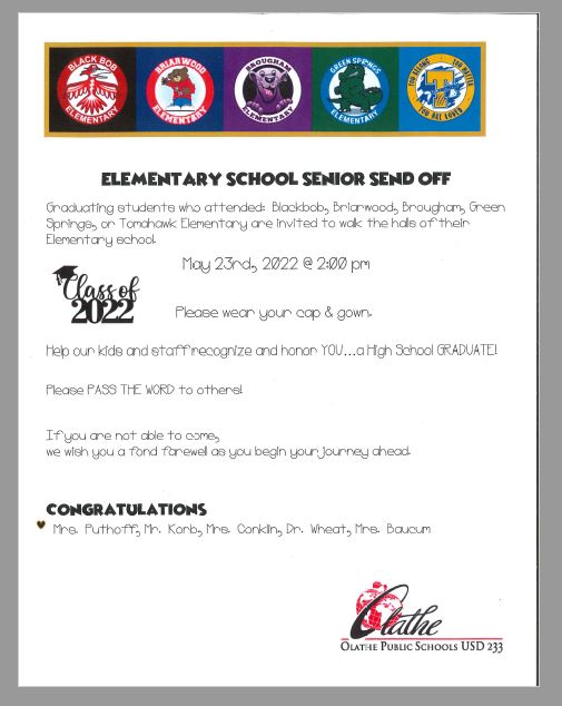 gsgators's tweet photo. Black Bob, Briarwood, Brougham, Tomahawk, and Green Springs Elementary are all looking forward to congratulating our graduating seniors on May 23rd.  Come walk the halls of your elementary school one last time! 🎉🎓 @BBelementary @TeamBrougham @OlatheTomahawk @BWBearsOlathe https://t.co/cSCUT9Cdd7