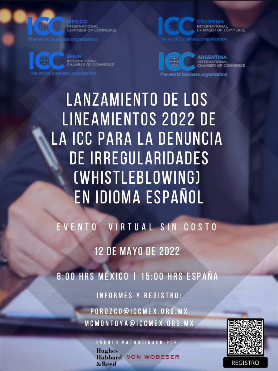 ICCMEXICO's tweet photo. El próximo 12 de mayo sostendremos un evento virtual sin costo, para presentar en español los Lineamientos @iccwbo para la denuncia de irregularidades 👇🏼 https://t.co/SHRw7FP6yg