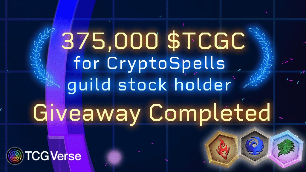 tcgverse's tweet photo. 🚀375,000 $TCGC for #CryptoSpells guild stock holder
#Giveaway Completed!

Check a list of addresses of people to be distributed!
https://t.co/AXHKCSyLbr https://t.co/3MK0cvdnmd