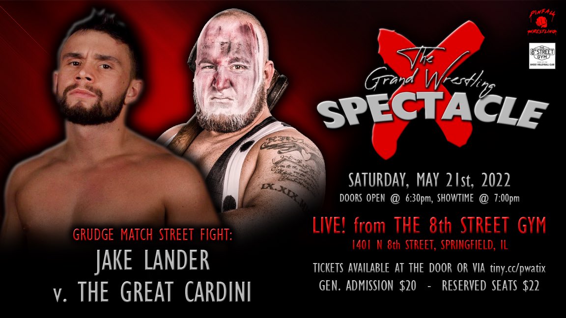 PWASpringfield's tweet photo. MATCH ANNOUNCEMENT:
Street Fight!
Jake Lander v. The Great Cardini
#SpectacleX - 05.21.2022
1401 N 8th Street, Springfield, IL
Doors @ 6:30pm, show @ 7:00pm
Tickets @ door OR https://t.co/7HmTwHRjMv https://t.co/0qgov0FPXw