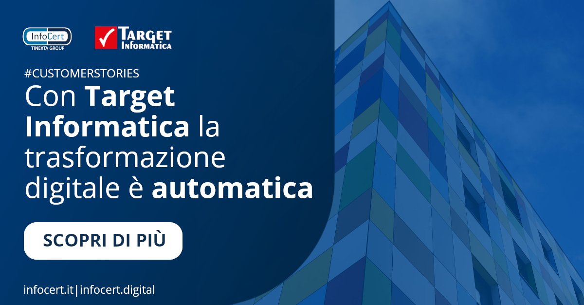 InfoCert_it's tweet photo. #TargetInformatica ha scelto InfoCert 🤝 per migliorare l’esperienza di prodotto dei suoi clienti con la #FatturazioneElettronica, la #FirmaDigitale e la #ConservazioneDigitale. Scopri la storia di successo ➡️ https://t.co/nfgNUvw7hl https://t.co/nrW8xNGwFy