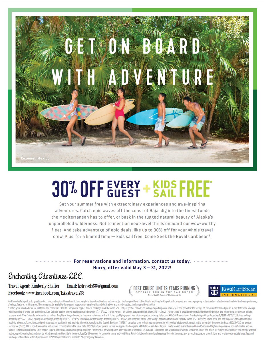 Happy Monday!
#RoyalCaribbeanCruises has a great offer on an amazing cruise vacation. RCCL is offering 30% off every guest + Kids 12 & under Sail Free when you book now through 5/31/22 for sailing with departures on or after 6/3/22. 

Message me to book your next #CruiseAdventure