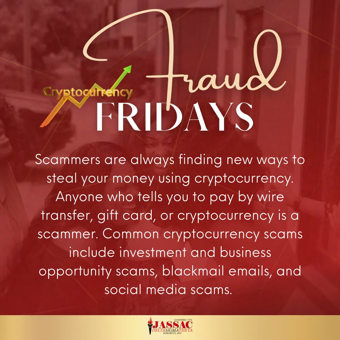 JASSACDeltas's tweet photo. Learn more at https://t.co/Of0DJD9eGN
#JASSAC #economicdevelopment
#cryptocurrency #FTC
#dst #DeltaSigmaTheta
#financialfraud #fraudfridays
#financialfortitude #mightymidwest https://t.co/xmoTsAkZH2