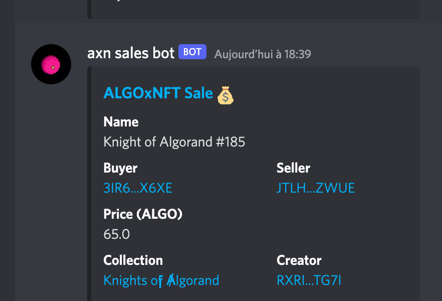 rx09game's tweet photo. 🔧 Hey #algofam! The discord server is taking shape... here's a sneak peek at our @ALGOxNFT sales bot.

➡️ Opening the gate on Monday ⬅️

Big thanks to @AlgoTheOwl and @Shadowunn who are helping me set up 🙏 https://t.co/Bm8Phk5fnv