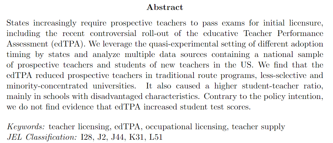 BobbyWYChung's tweet photo. If you are joining #SOLE2022, stop by our session on Sat morning. @jian_tt will present our paper about how #edTPA (a new teacher license exam) affected teacher supply and students.
We have new results adding to the earlier draft. Look forward to your feedback! #EconTwitter https://t.co/NSBGGvtW1H
