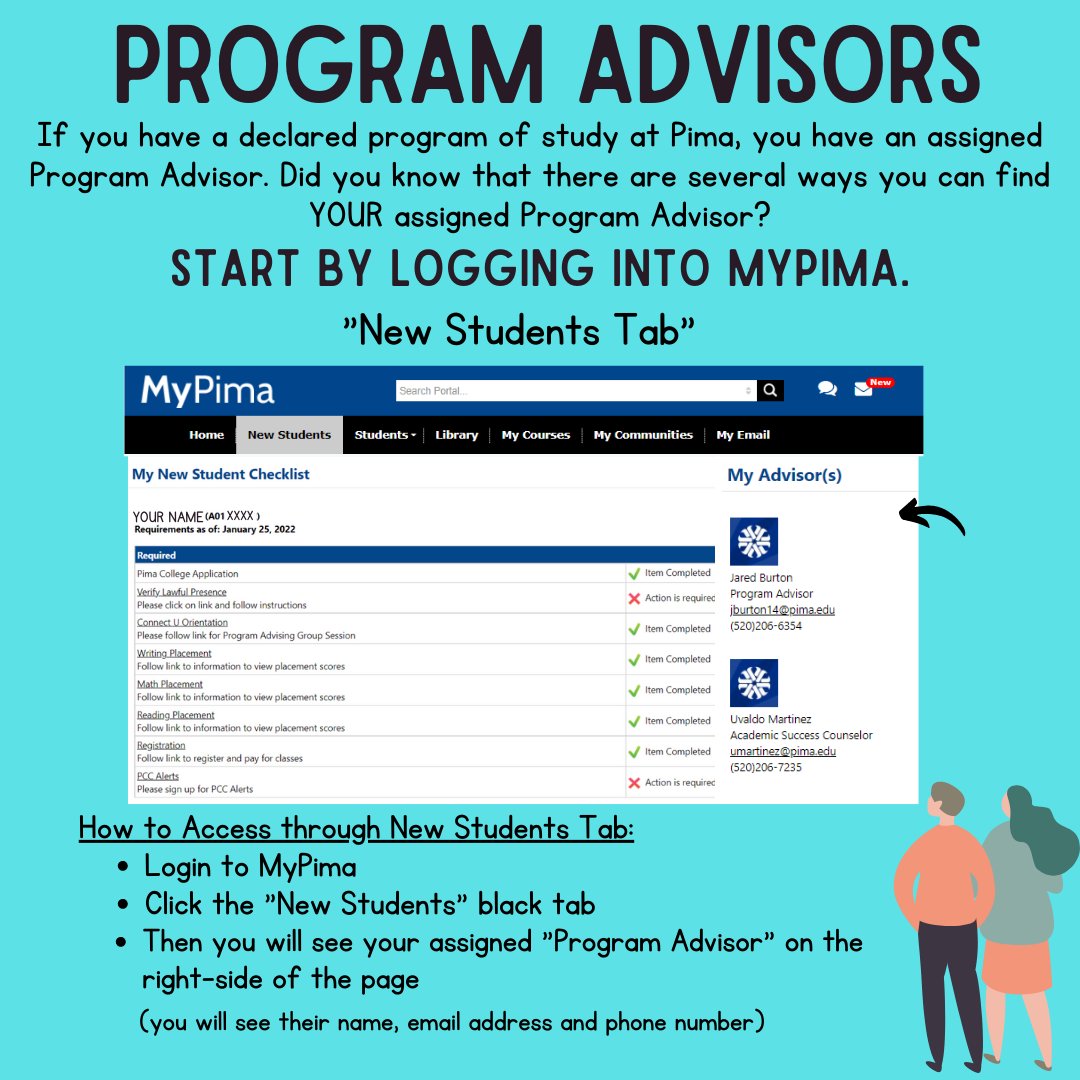 PimaFYE's tweet photo. If you’re declared in a #program at PCC, did you know you have an assigned #ProgramAdvisor ? One way to identify your advisor is to login to MyPima &amp; click the “New Students Tab.” Your #ProgramAdvisor will be on the right-side of the page with their name, email, &amp; phone number! https://t.co/eCeCfKdm7g
