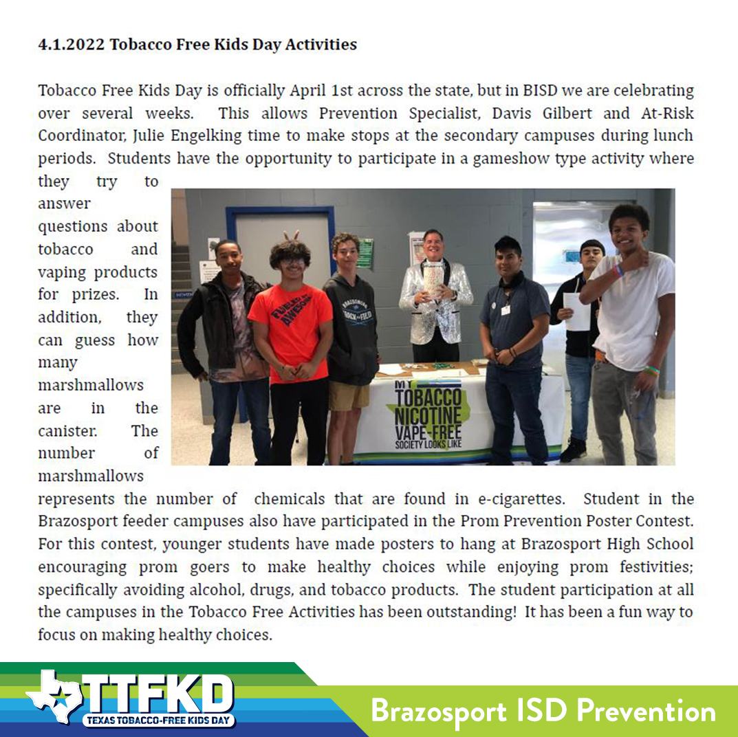 TxSayWhat's tweet photo. A few more pictures from Texas Tobacco-Free Kids Day Projects held across the state! @WarrenStuco @BrazosportISD @chslions_stuco #majorKEY #KEYtosuccess #TTFKD (2/2) https://t.co/SRII7vD5LC
