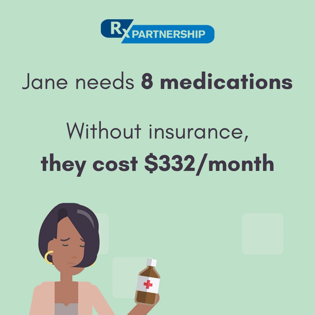 RxPartnershipVA's tweet photo. (2/5) Jane needs to take 8 medications daily to keep her healthy and out of the hospital, but without insurance they cost $332/month 

To support patients like Jane and learn more about Rx Partnership, visit https://t.co/DNwSs5h3br 

#communityhealth #medicationaccess #RxPVA https://t.co/mbtED5TSYV