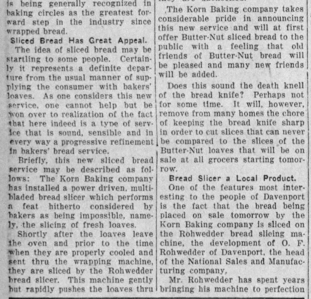 1stTimeinPrint's tweet photo. FIRST TIME IN PRINT for sliced bread! Warning: the article notes that "the idea of sliced bread may be startling to some people." Also asks, "does this sound the death knell of the bread knife"? Quad City Times, 12/23/28 #SlicedBread #FoodHistory #History https://t.co/diwPdhGG9c