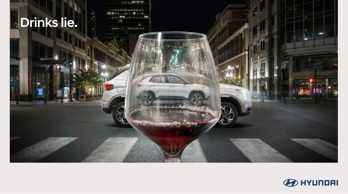 visual_living's tweet photo. “With the aim of raising awareness about the importance of not drinking alcohol when driving, Hyundai and Arena by Havas created the campaign “Alcohol lies”, made up of graphics that reflect the effect produced by drunk driving.” #creative #artwork #drinking #Hyundai #photography https://t.co/u465QjsRRv